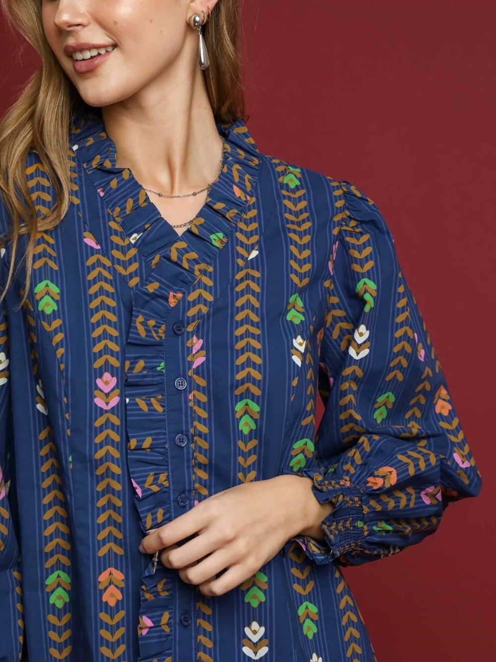 Umgee Midnight Mix Printed Blouse Ruffle V-Neck Boho Top NWT - Picture 3 of 9